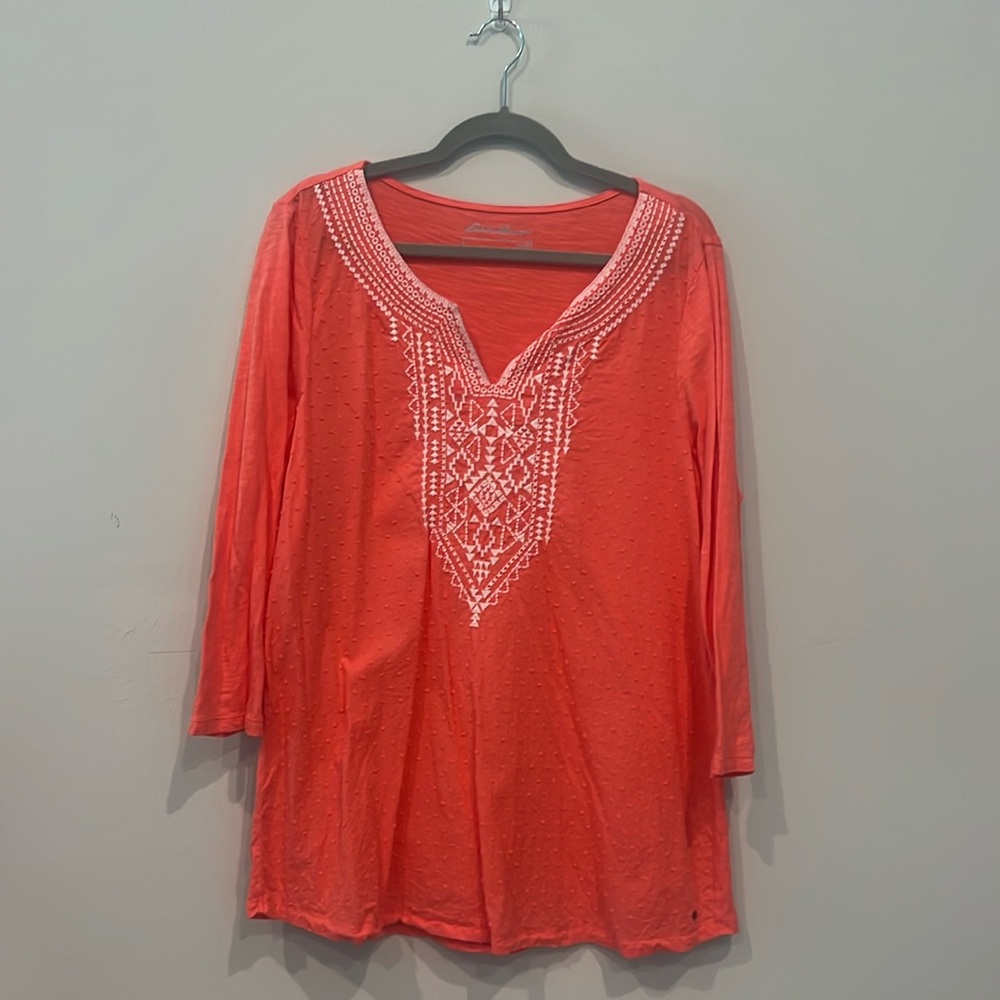 Eddie Bauer 3/4 Coral Color Embroidered Top